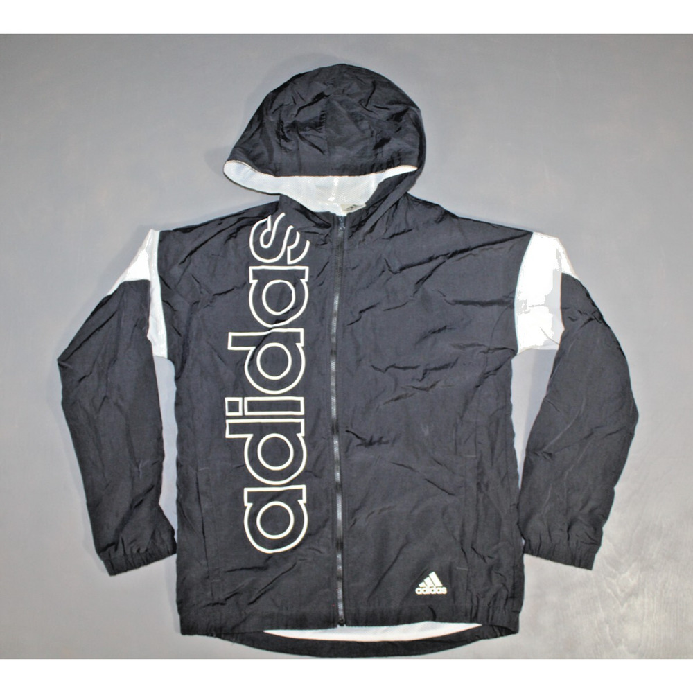 Vintage Adidas Jacket Windbreaker Youth Large Hooded Zip Black White Stripe Boys